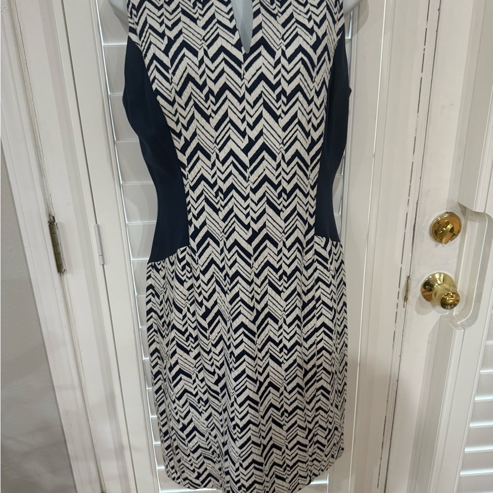 NYDJ Navy and White Chevron Midi Dress